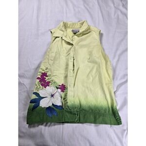 Columbia Shirt Womens Small Green Yellow Sleeveless Button Front Floral Hawaiian
